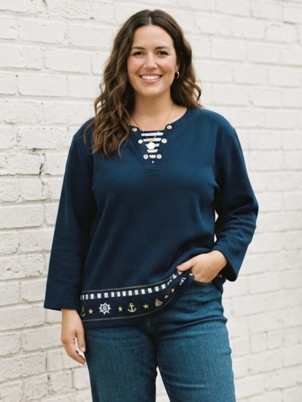 Koret Nautical Navy Blue Embroidered Top 2X Sailboat Anchor Henley Knit